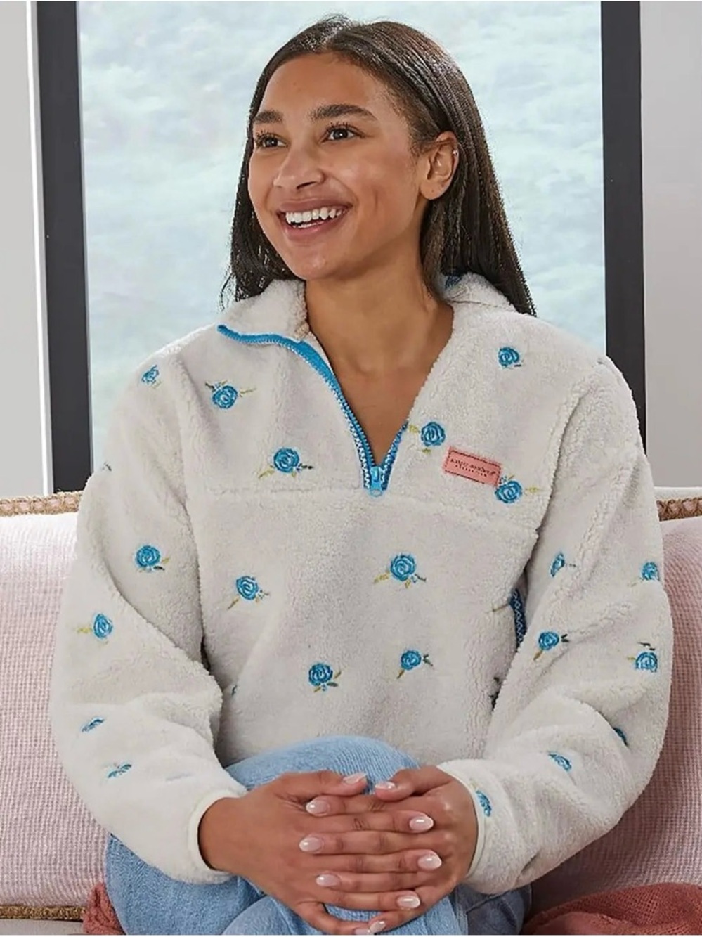 New Cream Sherpa Pullover with Blue Rose Embroidery-Large